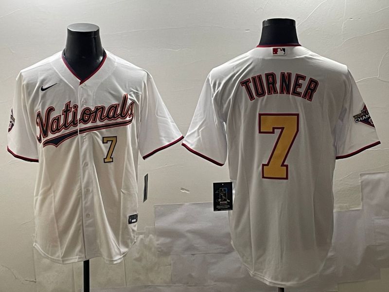 Men Washington Nationals #7 Turner White Gold Game 2025 Nike MLB Jersey style 2